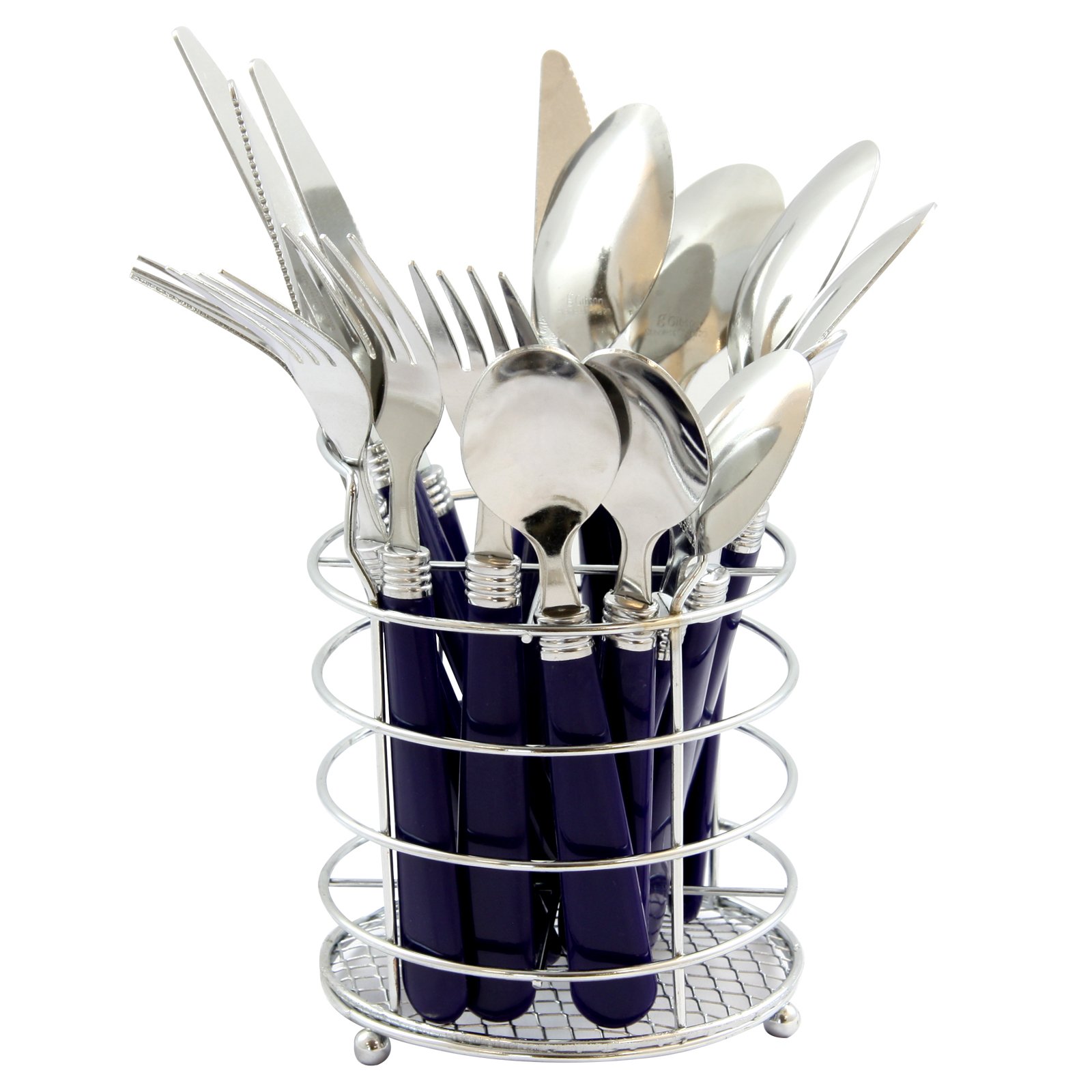 gibson sensations ii 16 piece stainless steel flatware set with cobalt handles and chrome caddy